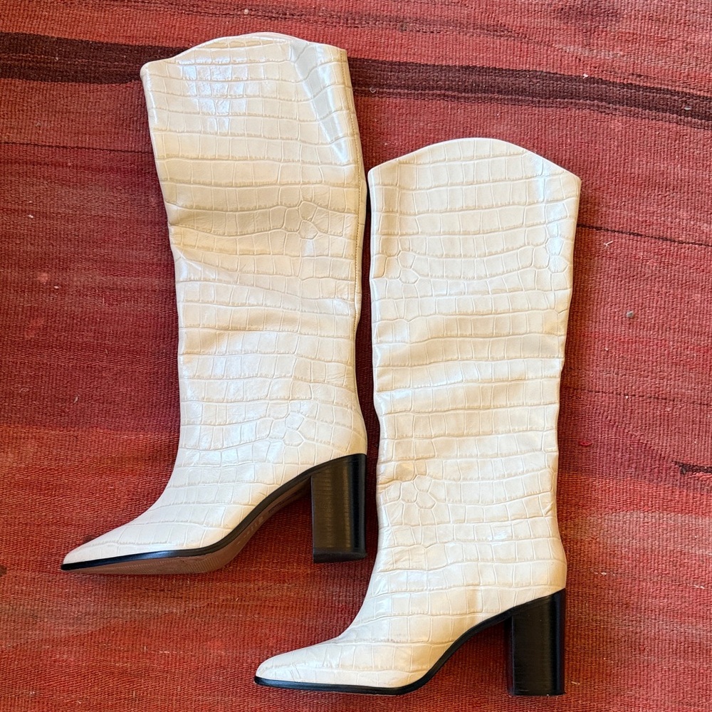 Elegant Cream Croc-Embossed Calf-High Boots